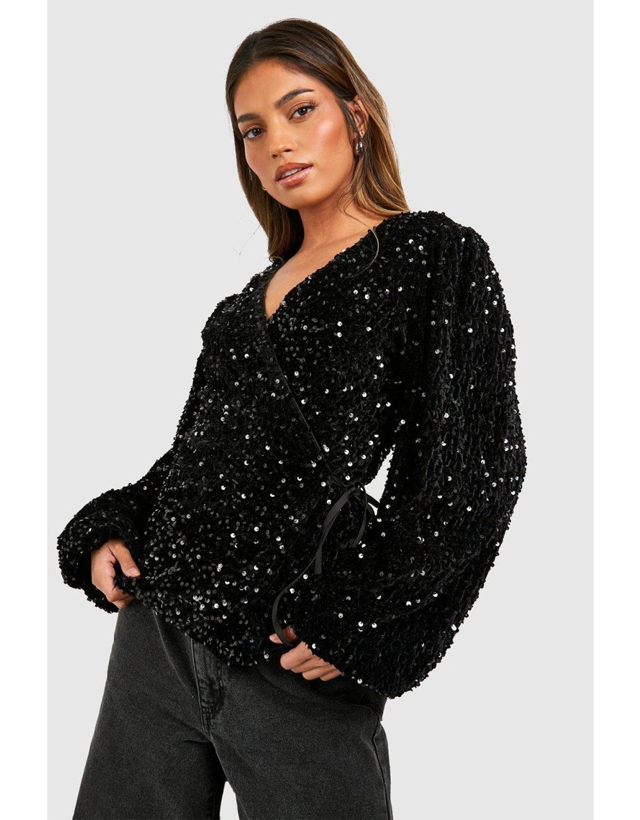 Velvet Sequin Ballon Sleeve Wrap Top - black