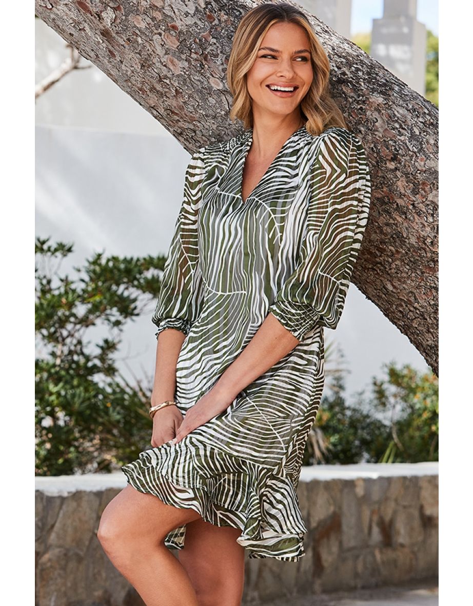 Green Palm Print Ruffle Detail Shift Dress - 4