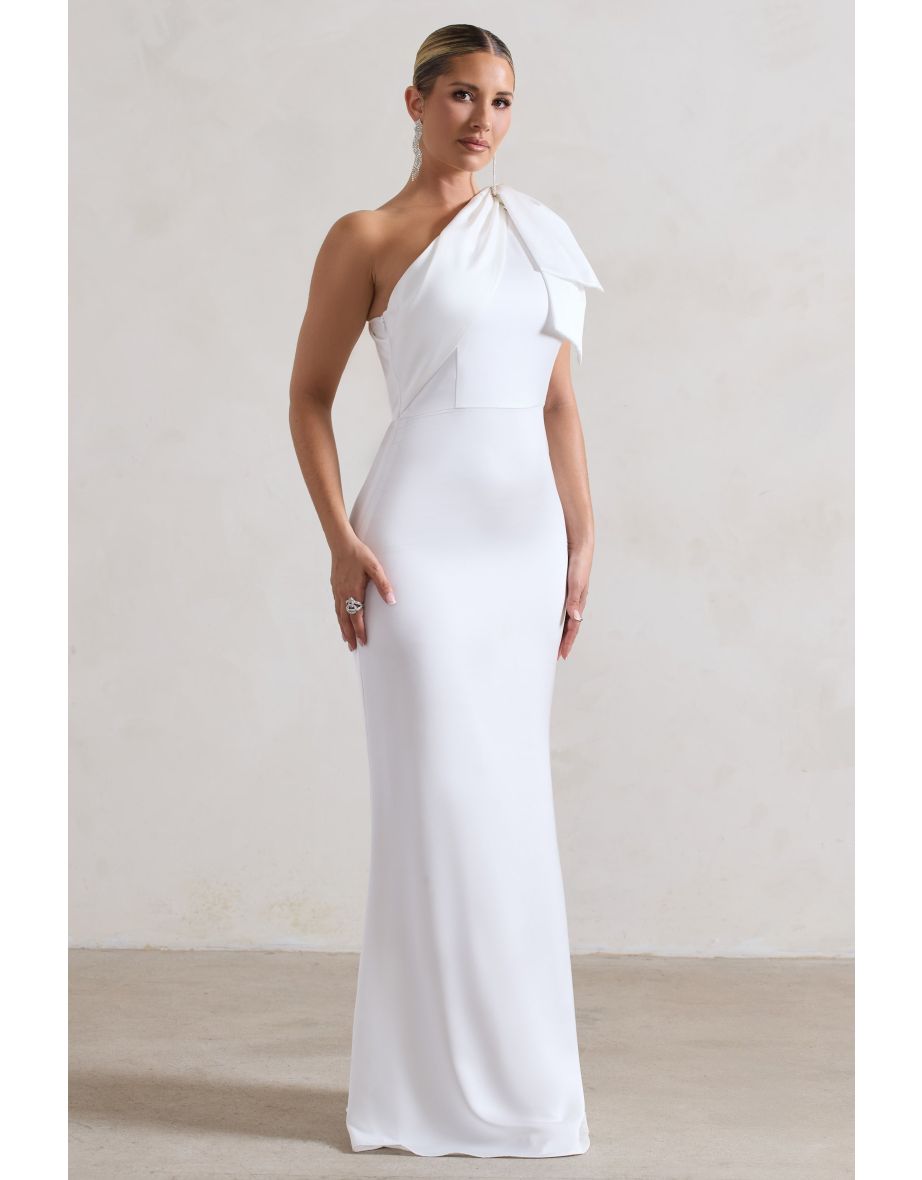 Lady | White Satin Asymmetric Maxi Dress With Bow - 4