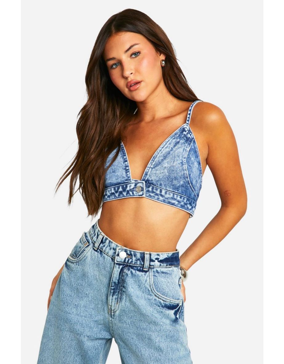 Acid Wash Button Detail Denim Bralet - teal