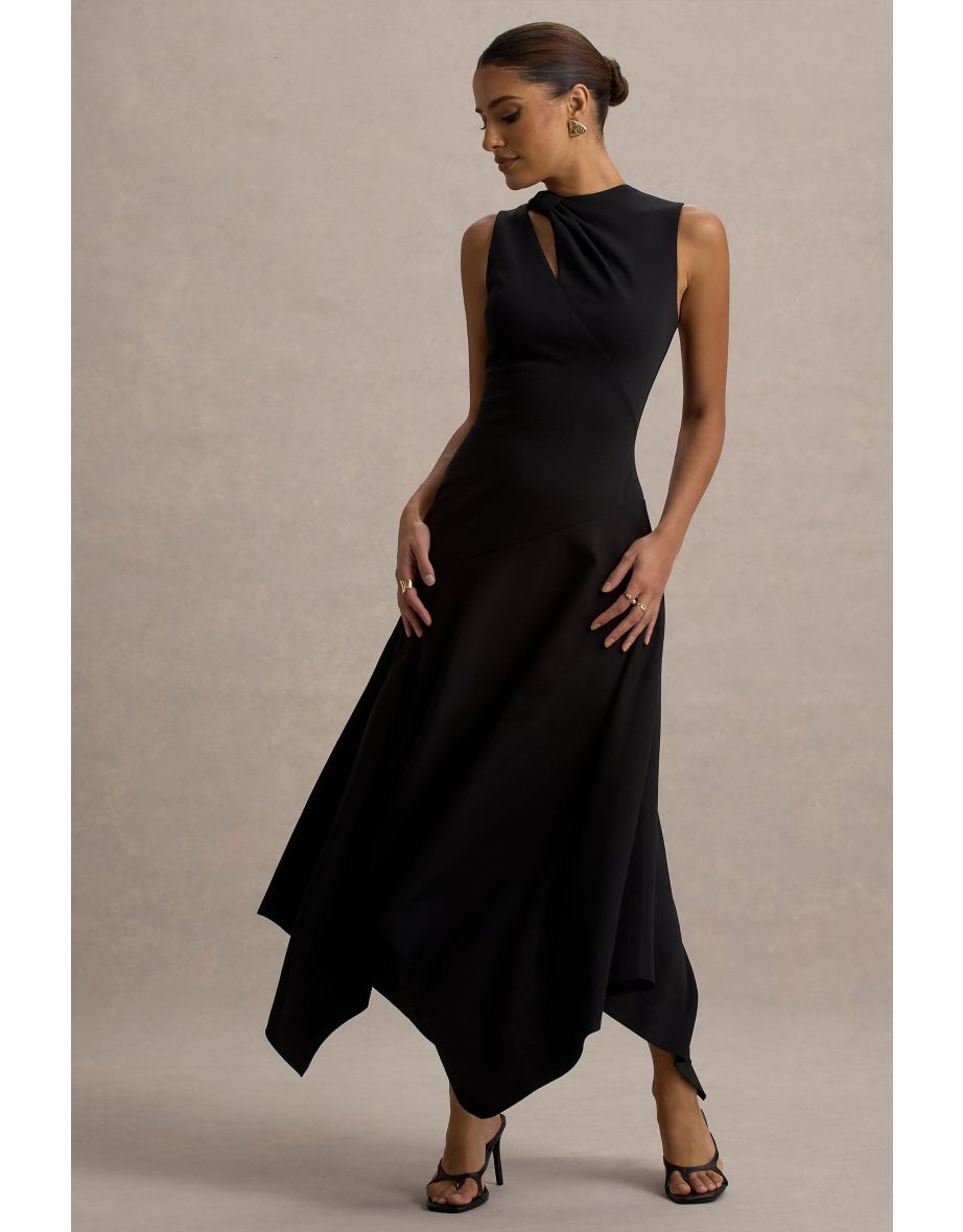 Francesca | Black Knotted Midi Dress With Handkerchief Hem