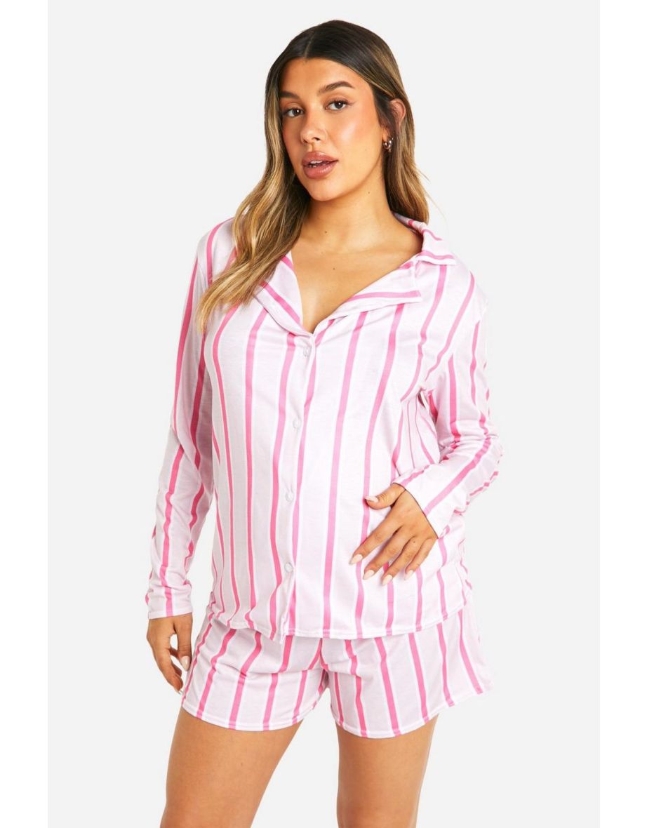 Maternity Stripe Long Sleeve Shirt & Short PJ Set - pink