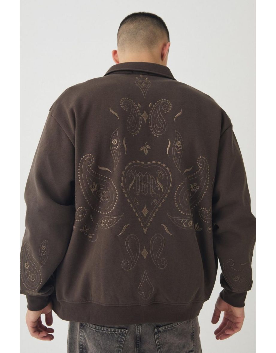Oversized Embroidered Paisley Harrington Jacket - brown - 2