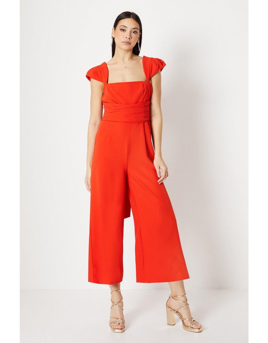 Pleated Waist Cap Sleeve Jumpsuit