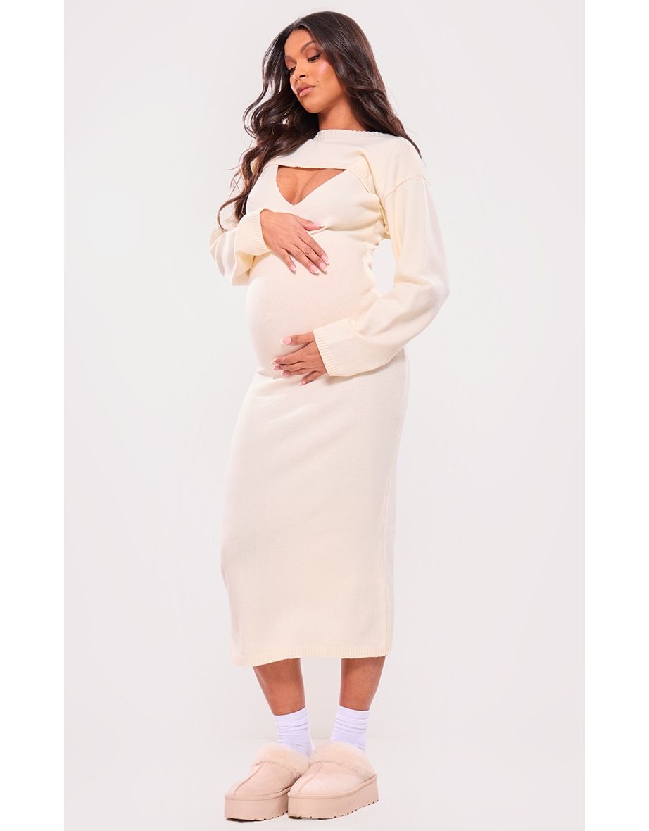 Maternity Cream Cami Strap Maxi Dress With Knit Cropped Jumper