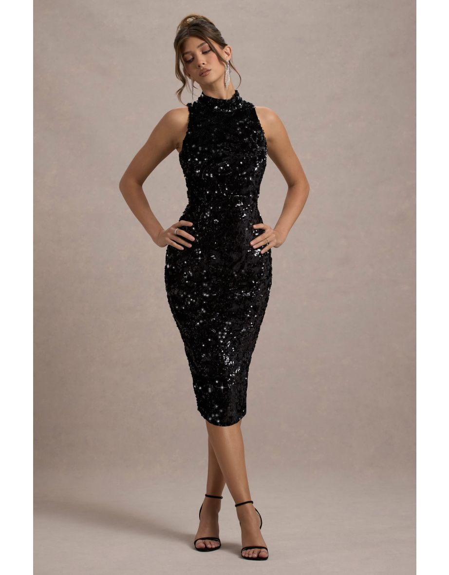 Hypnosis | Black Sequin Sleeveless High-Neck Midi Dress