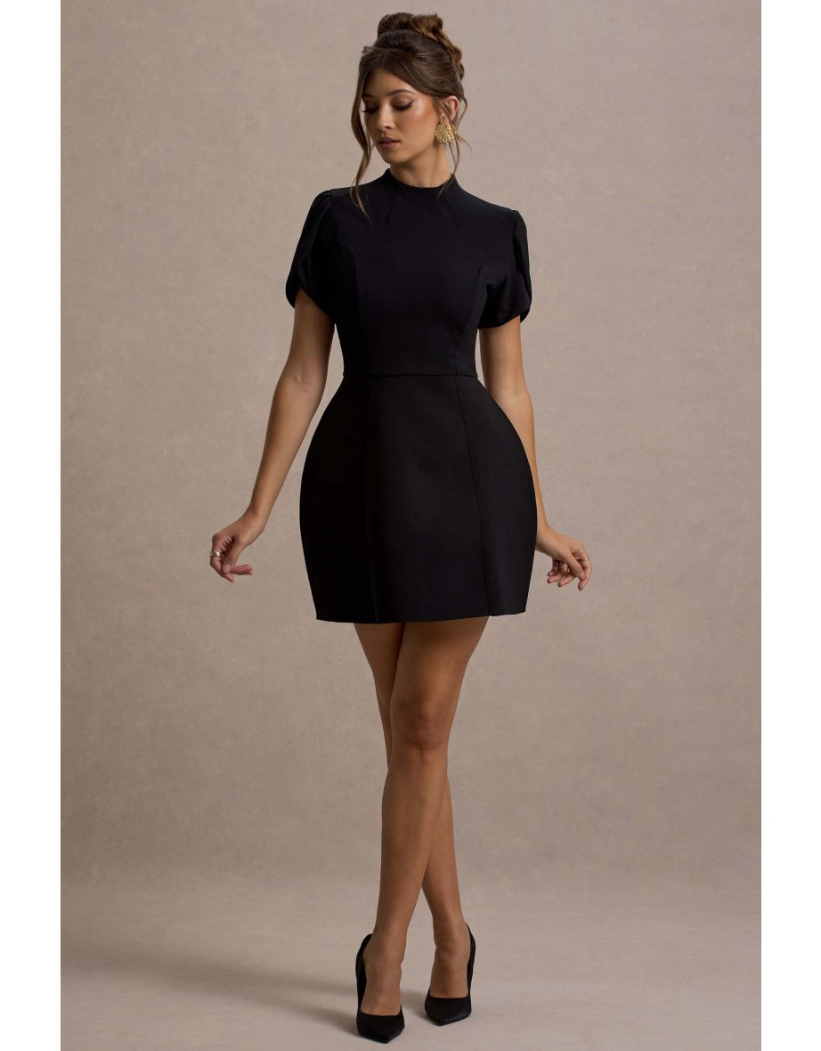 Carabella | Black High-Neck Short-Sleeve Mini Dress