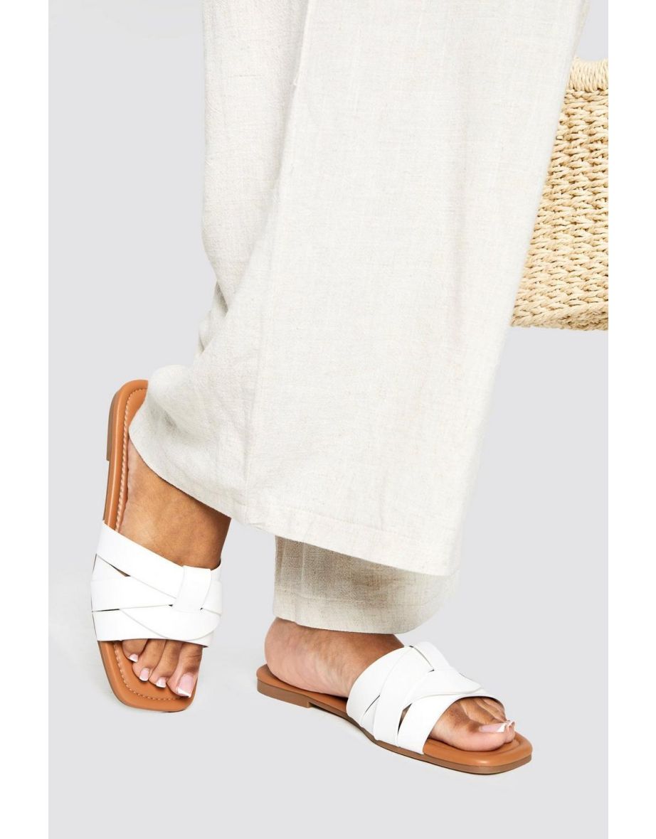 Wide Fit Woven Basic Mule Slider - white
