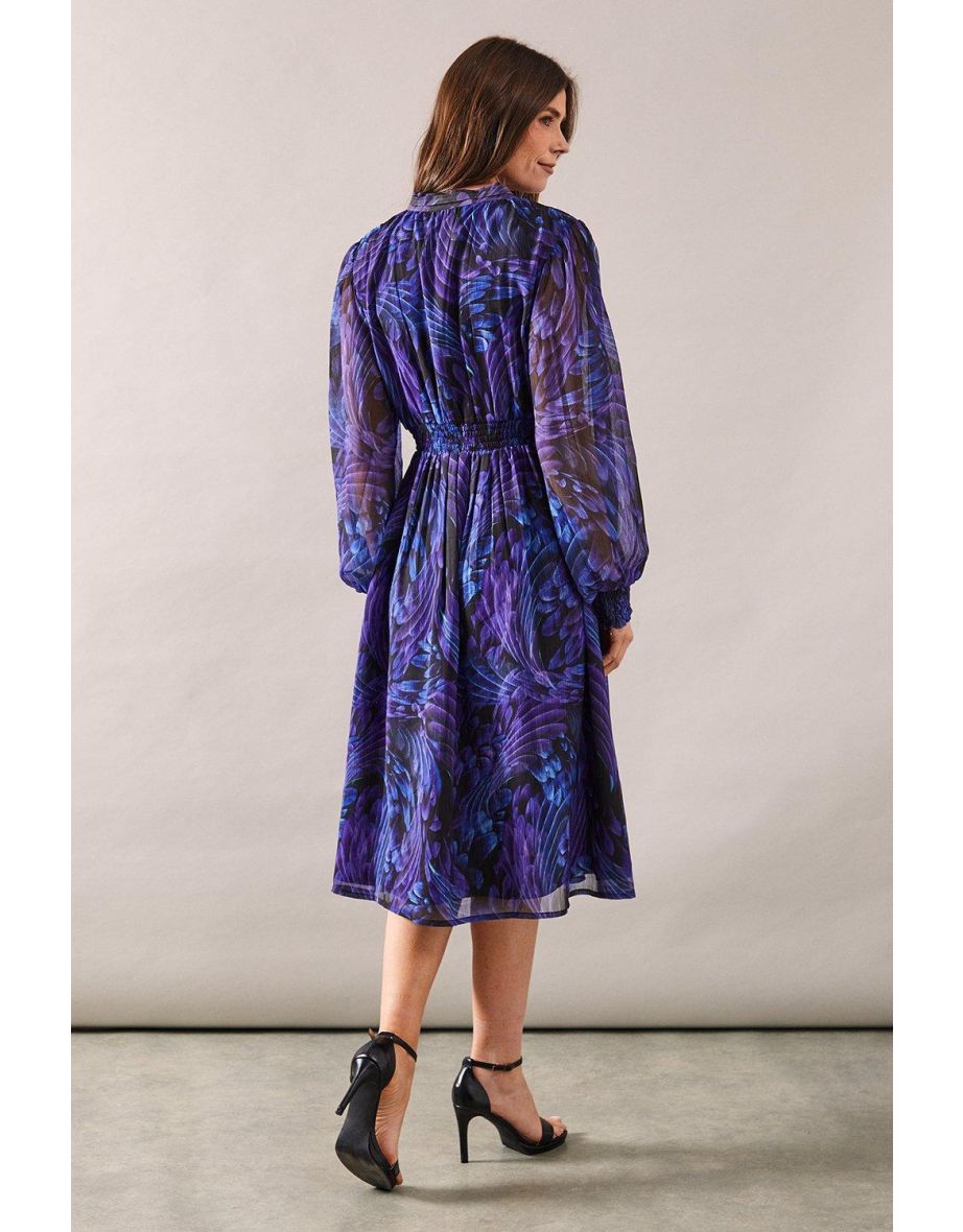 Occasion Feather Print Tie Neck Midi Dress - 3