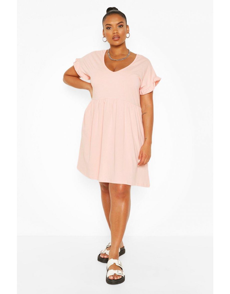Plus Ruffle V Neck Smock Dress - blush