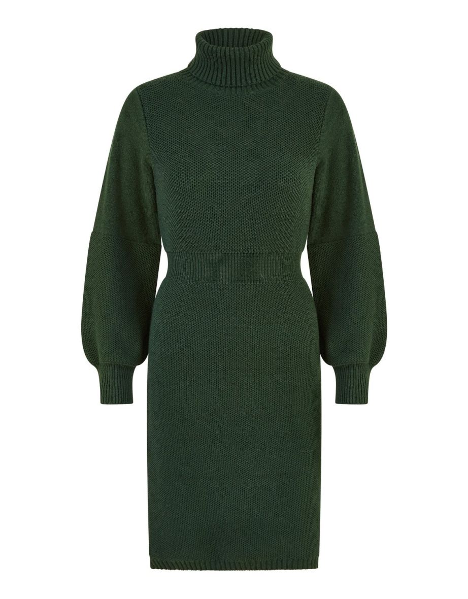 Yumi Green Roll Neck Knitted Dress With Fitted Waist - 6
