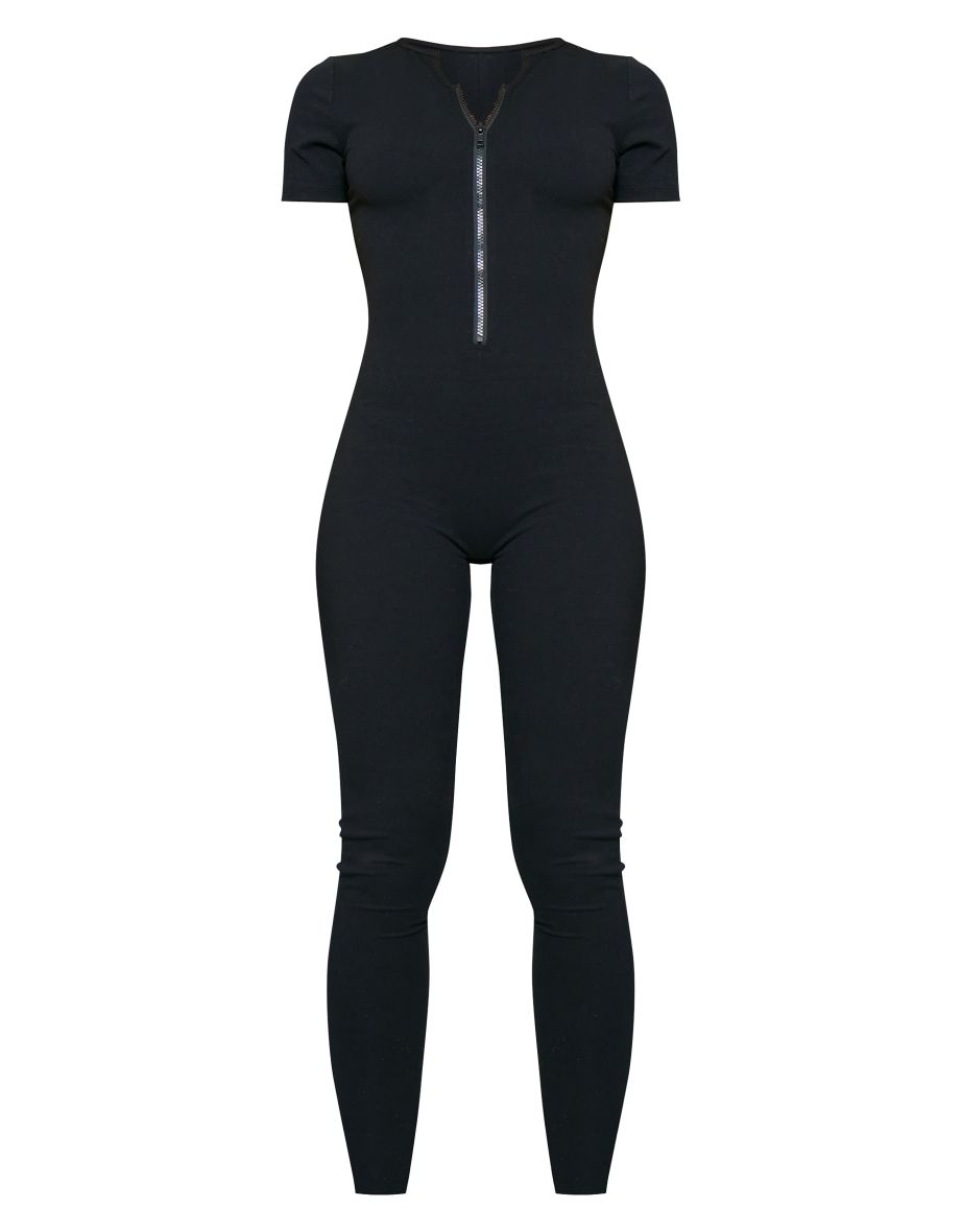 Black Contour Sculpt Zip Front Cap Sleeve Jumpsuit - 4