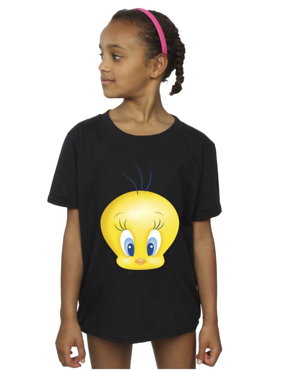 Looney Tunes Girls Tweety Face Cotton T-Shirt - Black