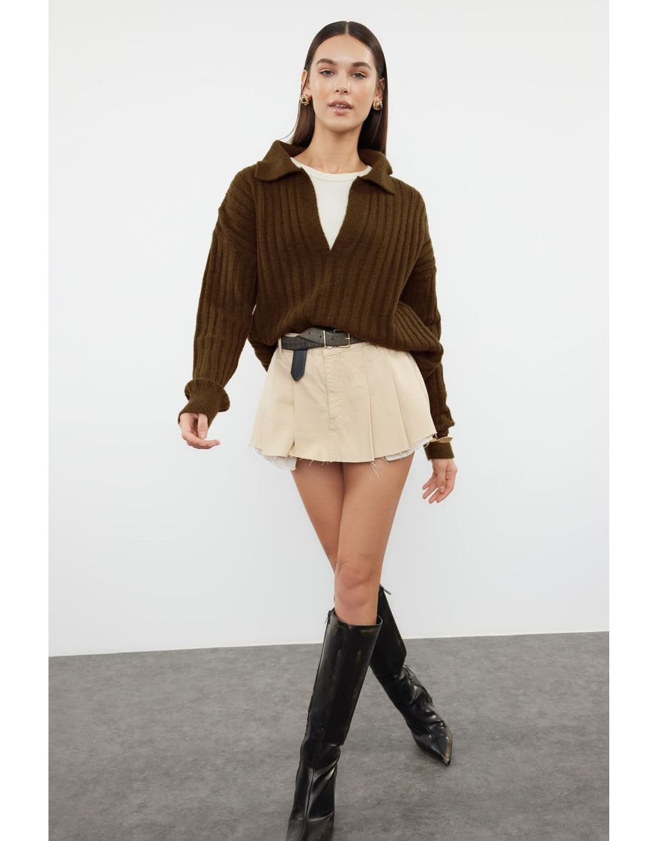 Brown Soft Texture Polo Neck Knitted Sweater