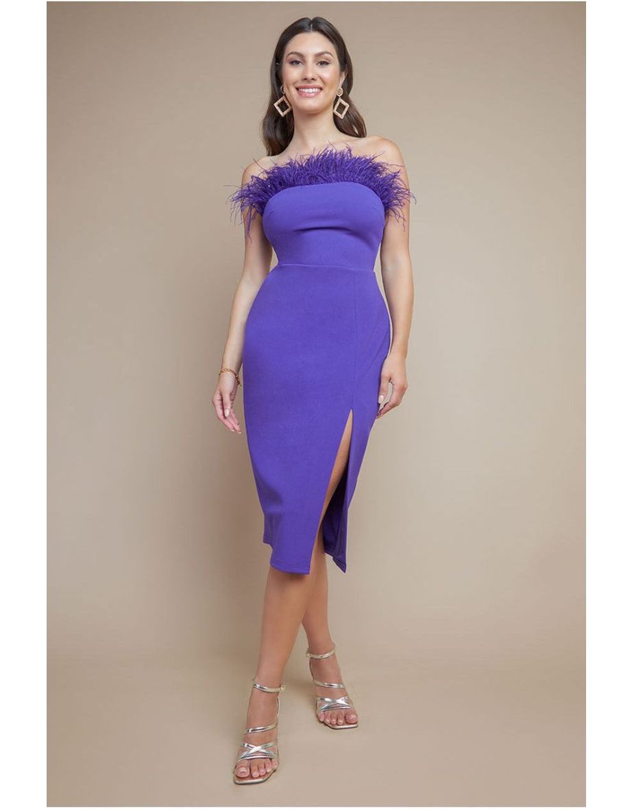 Goddiva Feather Boobtube Midi Dress - Purple