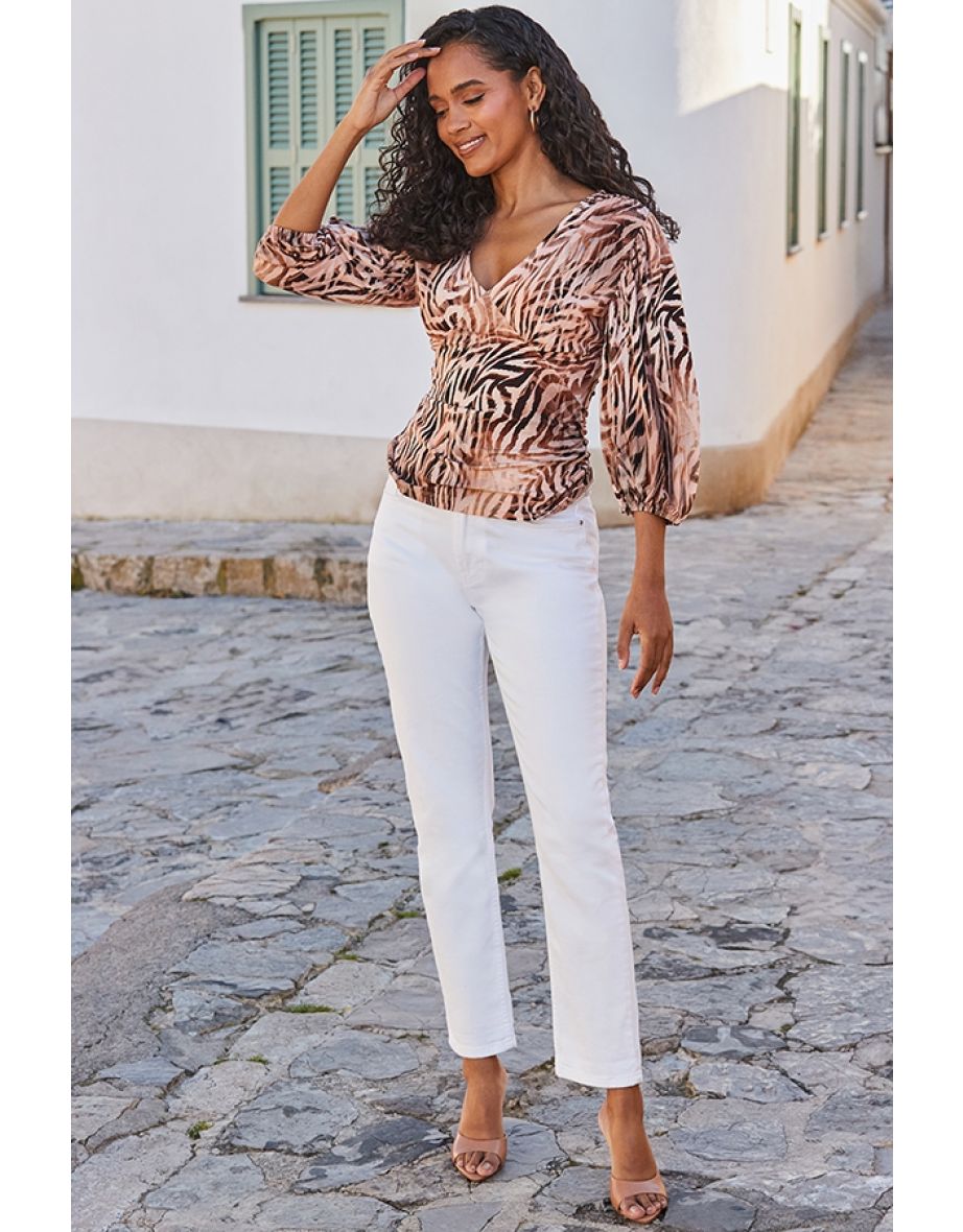 Natural Animal Print Balloon Sleeve Jersey Blouse