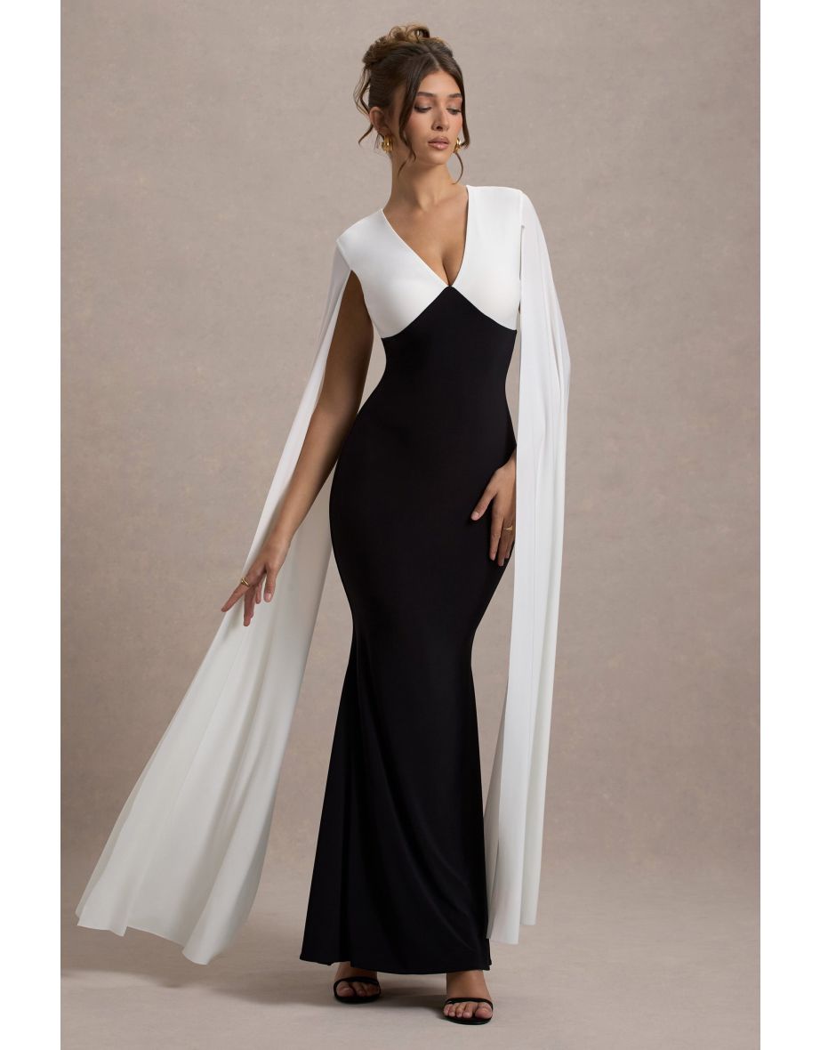 Grace Kelly | Black & White Plunge-Neck Maxi Dress With Cape Sleeves