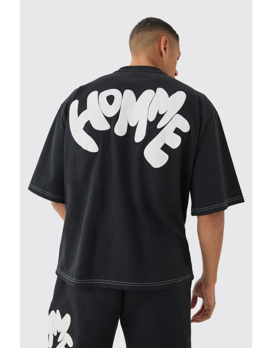Oversized Contrast Stitch Puff Print Half Sleeve T-shirt - black