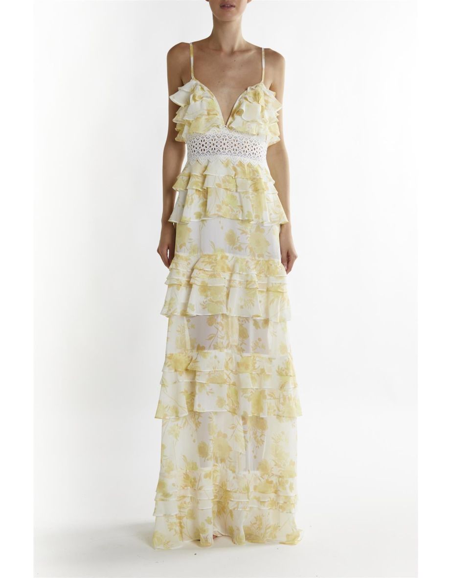 Yellow Watercolour-Floral Sophia Plunge Front Tiered Ruffle Maxi-Dress