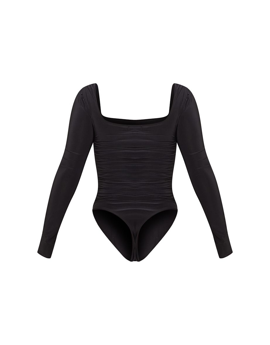 Black Slinky Ruched Long Sleeve Square Neck Bodysuit - 3