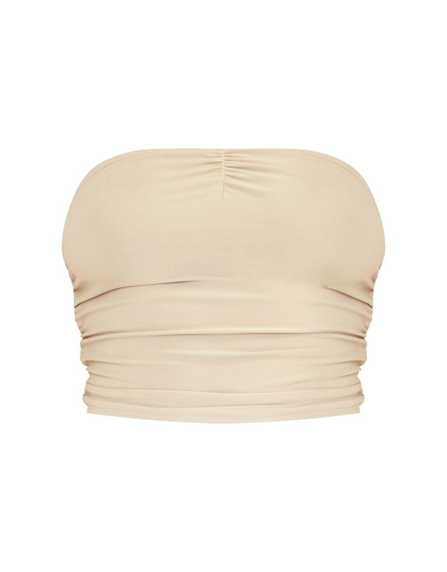 Taupe Soft Touch Jersey Ruched Bandeau Crop Top - 4