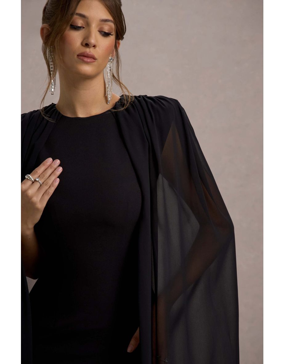 Elysium | Black Bodycon Mini Dress With Chiffon Cape - 5