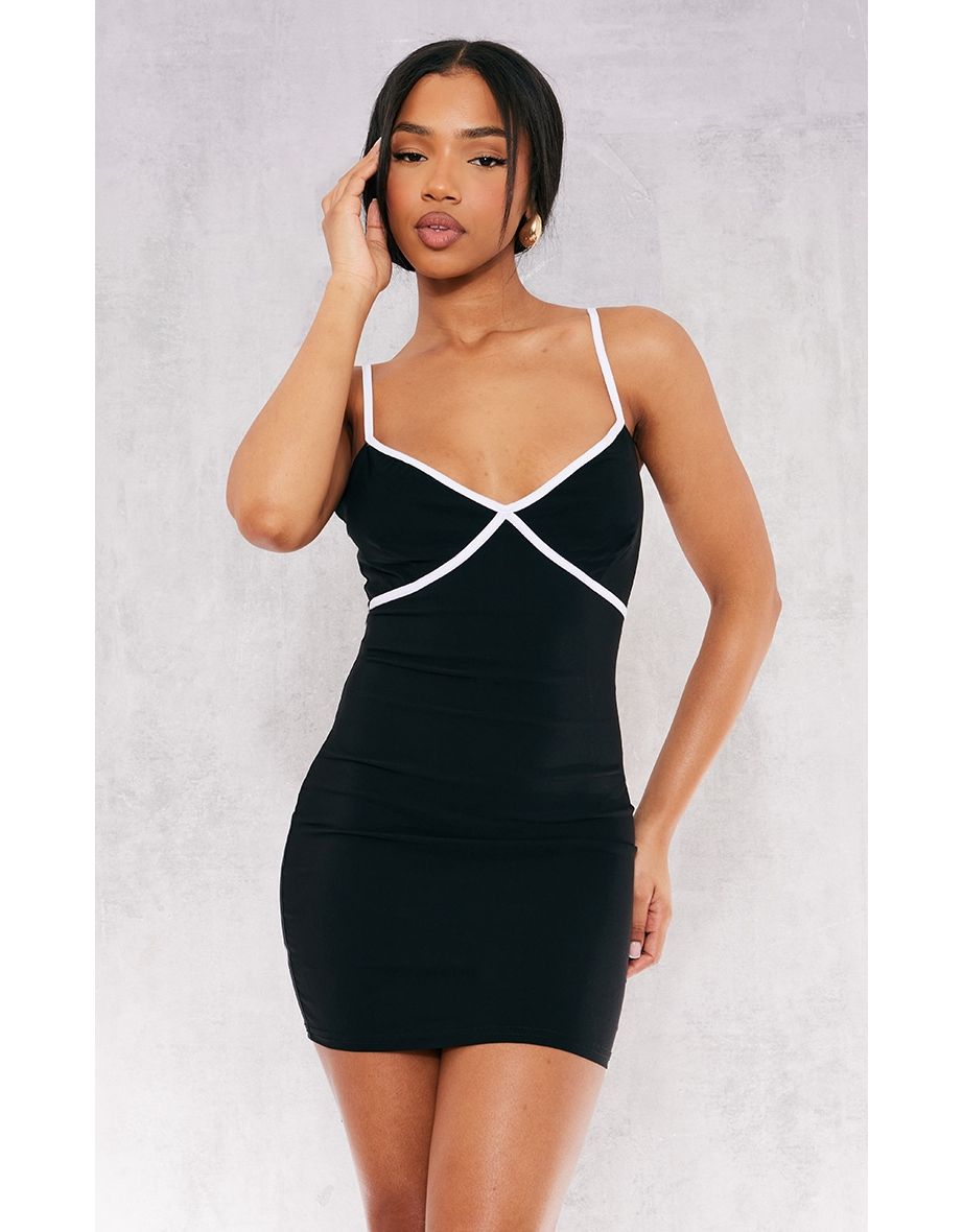 Black Stretch Woven Contrast Cup Binding Mini Dress