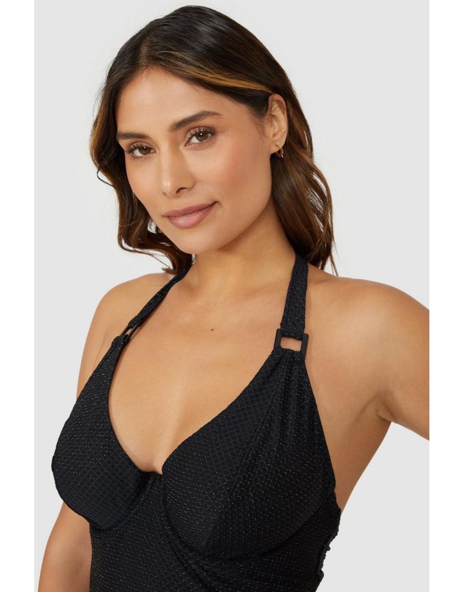Gorgeous DD+ Gold Sparkle Non Pad Plunge Tankini Top - black - 2