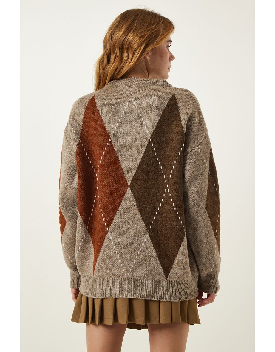 Beige Premium Diamond Pattern Oversize Knitwear Sweater - 4