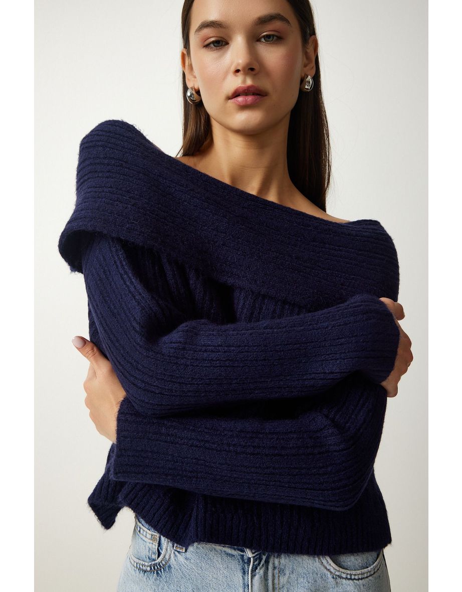 Women's Navy Blue Madonna Collar Knitwear Sweater