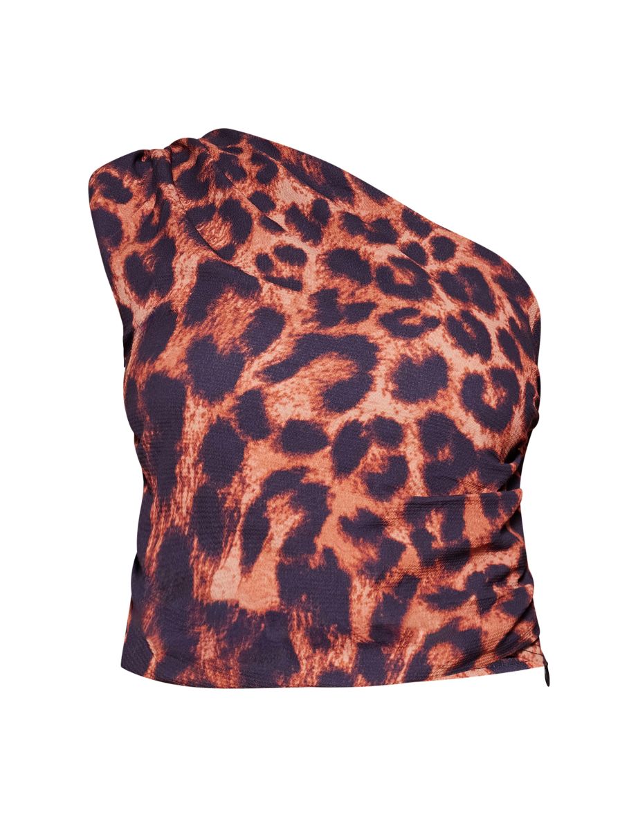 Brown Leopard Print Chiffon One Shoulder Top - 4