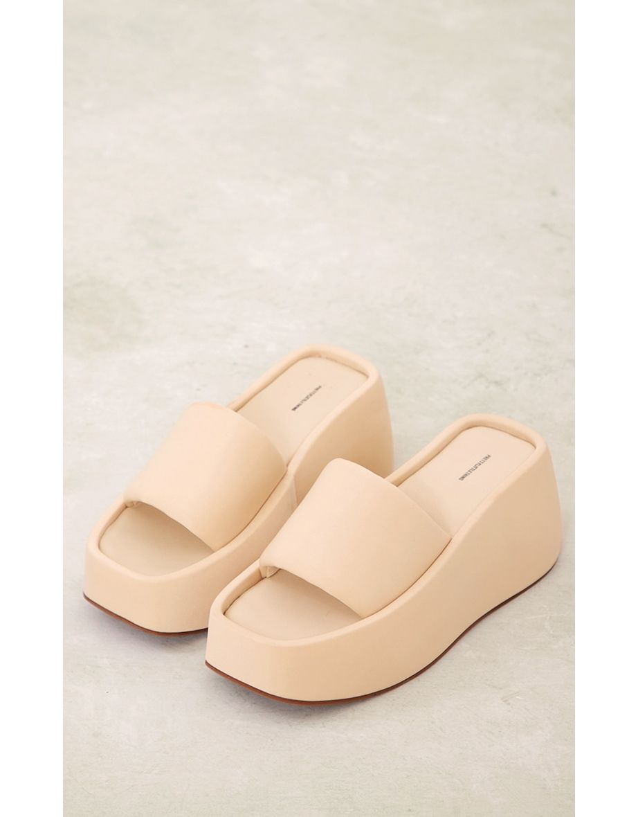Cream Stretch Chunky Platform Wedge Heel Sliders - 3