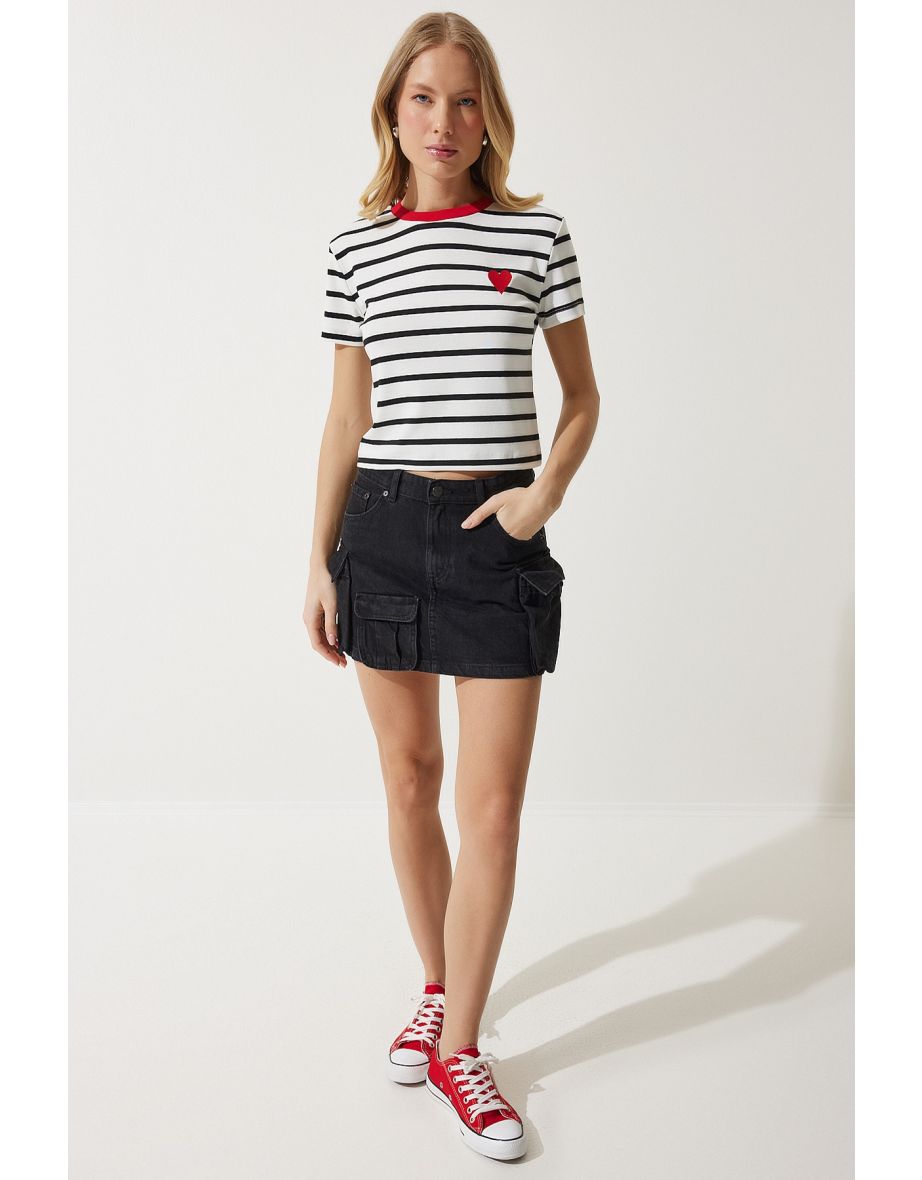 Women's White Heart Embroidered Striped Cotton Knitted T-Shirt - 4