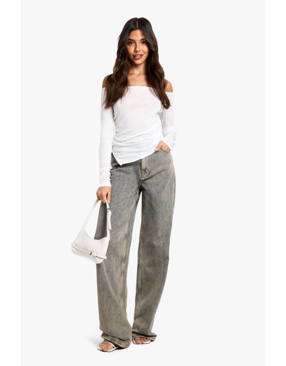 Textured Mesh Drape Shoulder Top - white