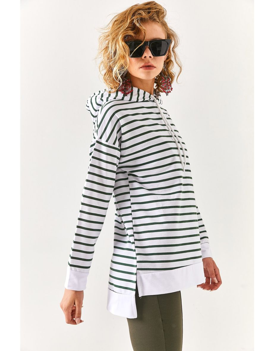 Women's Khaki White Hooded Striped Sweatshirt with Side Slits