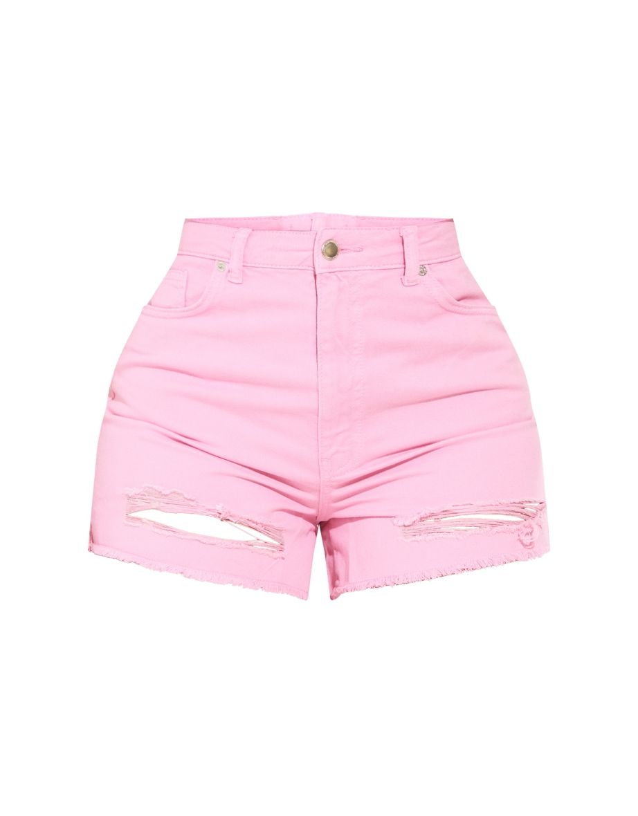 PRETTYLITTLETHING Shape Washed Pink Ripped Denim Shorts - 5