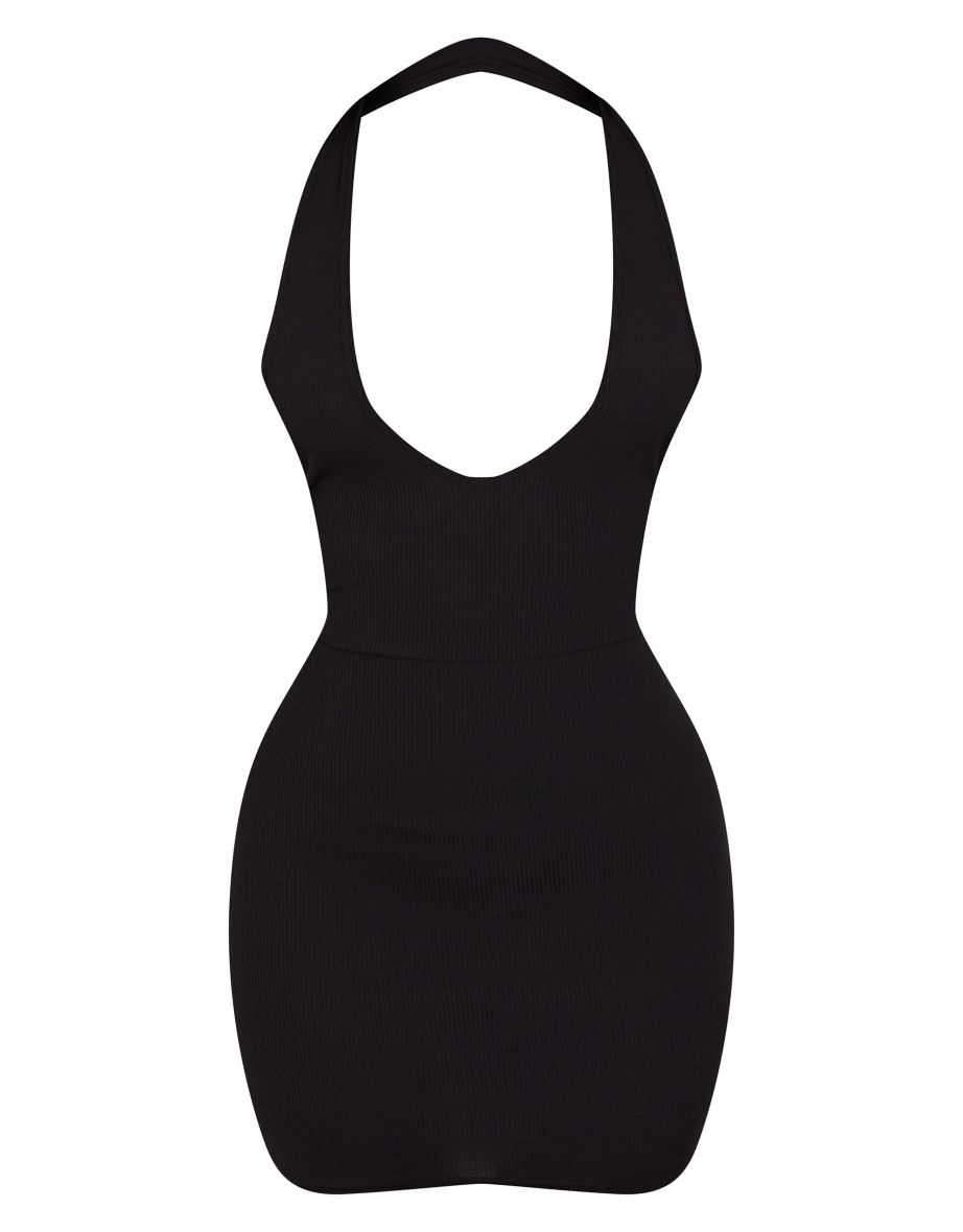 Petite Black Ribbed Halterneck Tie Back Bodycon Dress - 4