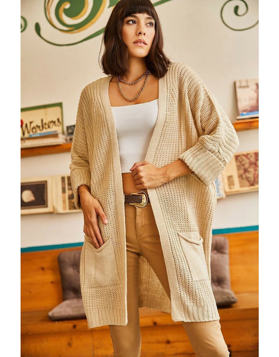 Women's Stone Rolled Sleeves Loose Knitwear Cardigan with Pocket