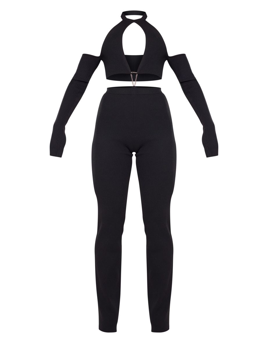 Black Rib Knit Cut Out Chain Detail Jumpsuit - 4