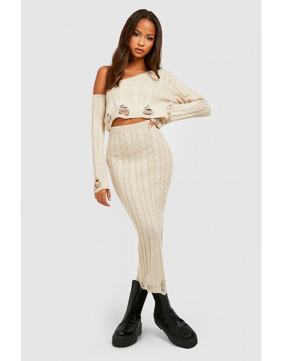 Distressed Hem Knitted Crop & Skirt Co-ord - cream