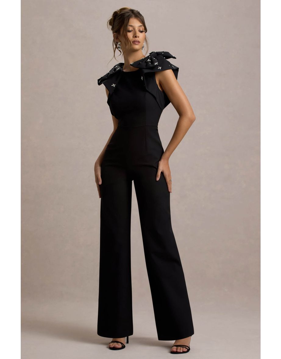 Elma | Black Straight-Leg Jumpsuit With Embellished Bows