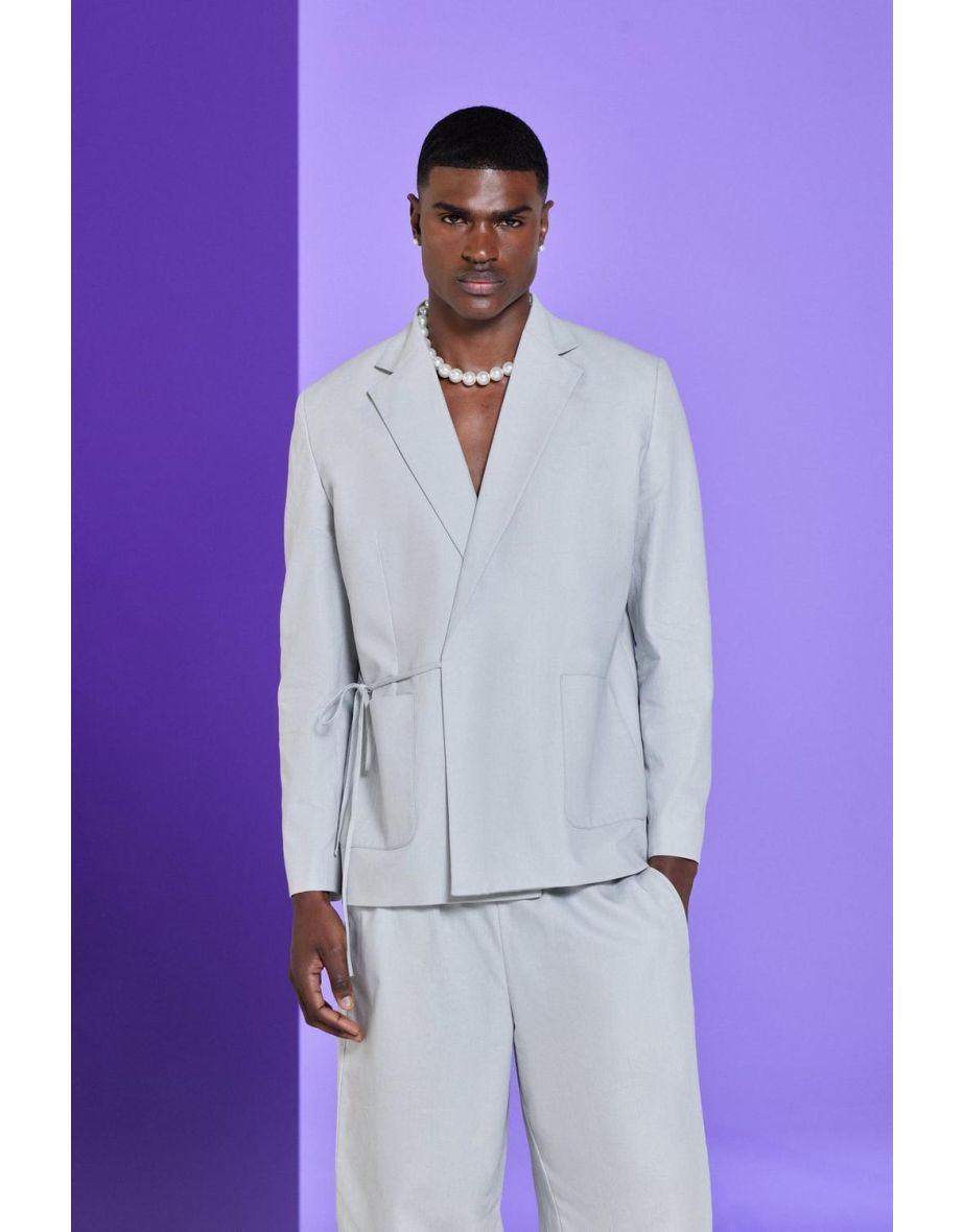 Relaxed Fit Tie Front Linen Blazer In Grey - grey