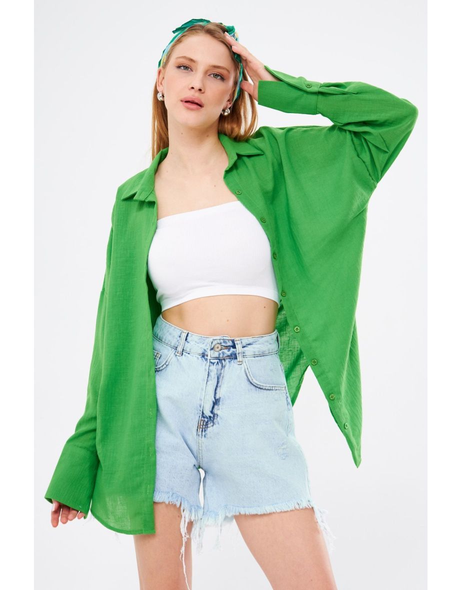 Women's Green Oversize Textured Linen Look Wide Cuff Shirt Arm