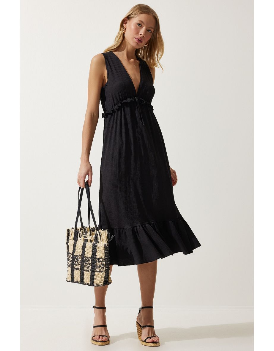 Women's Black Deep V Neck Thick Straps Knitted Dress
