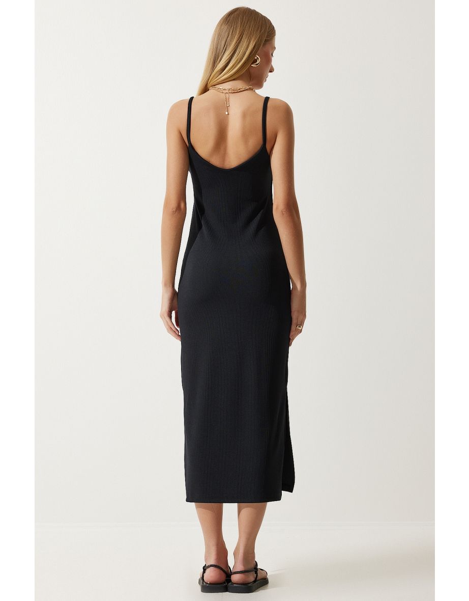 Women's Black Strappy Slit Ribbed Knitted Dress - 5
