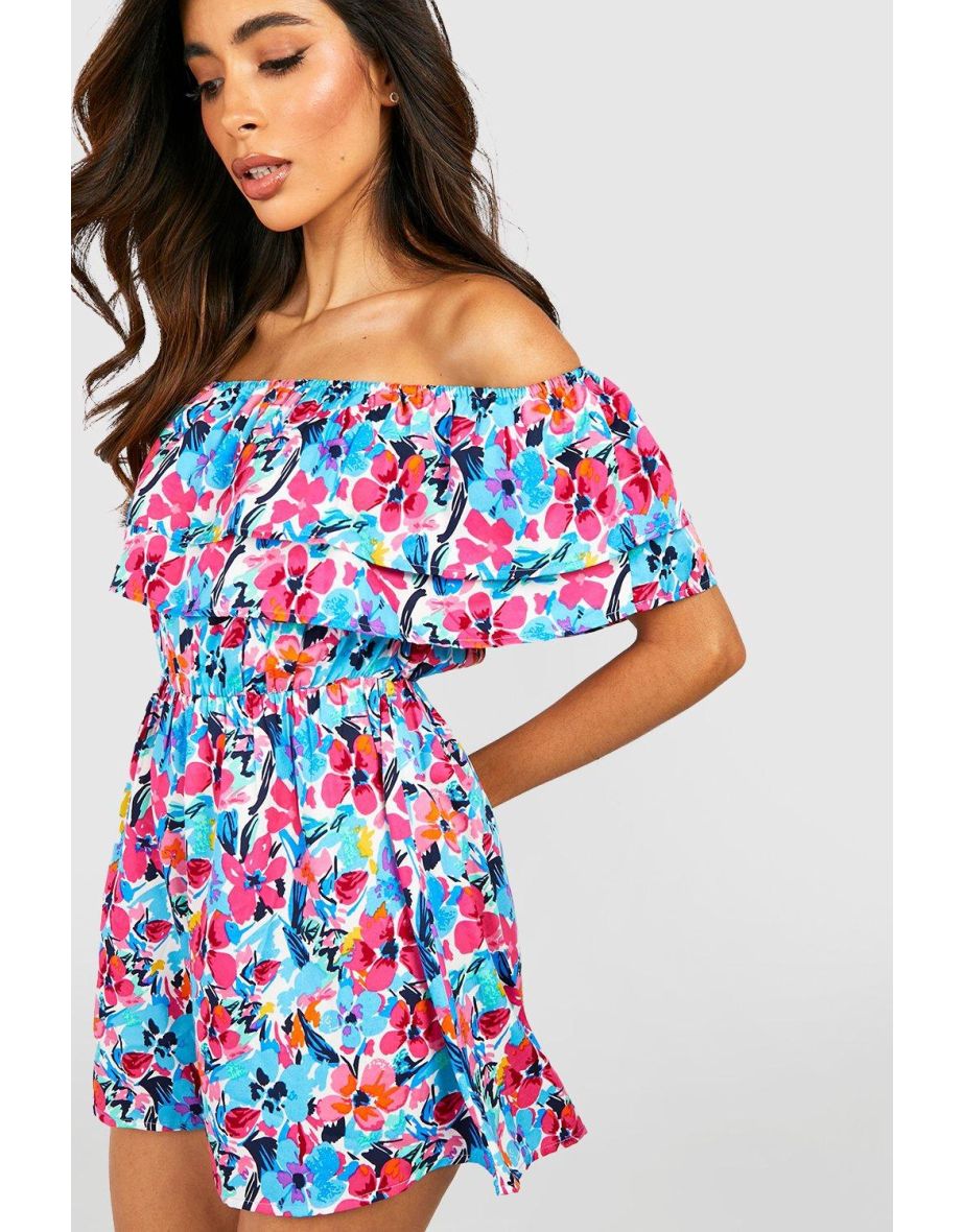 Floral Bardot Flippy Playsuit - blue - 3