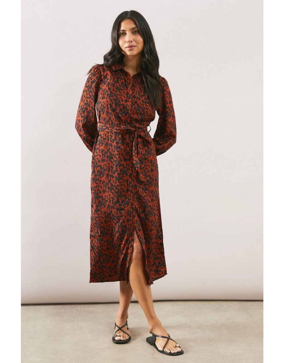 Leopard Long Sleeve Belted Shirt Dress