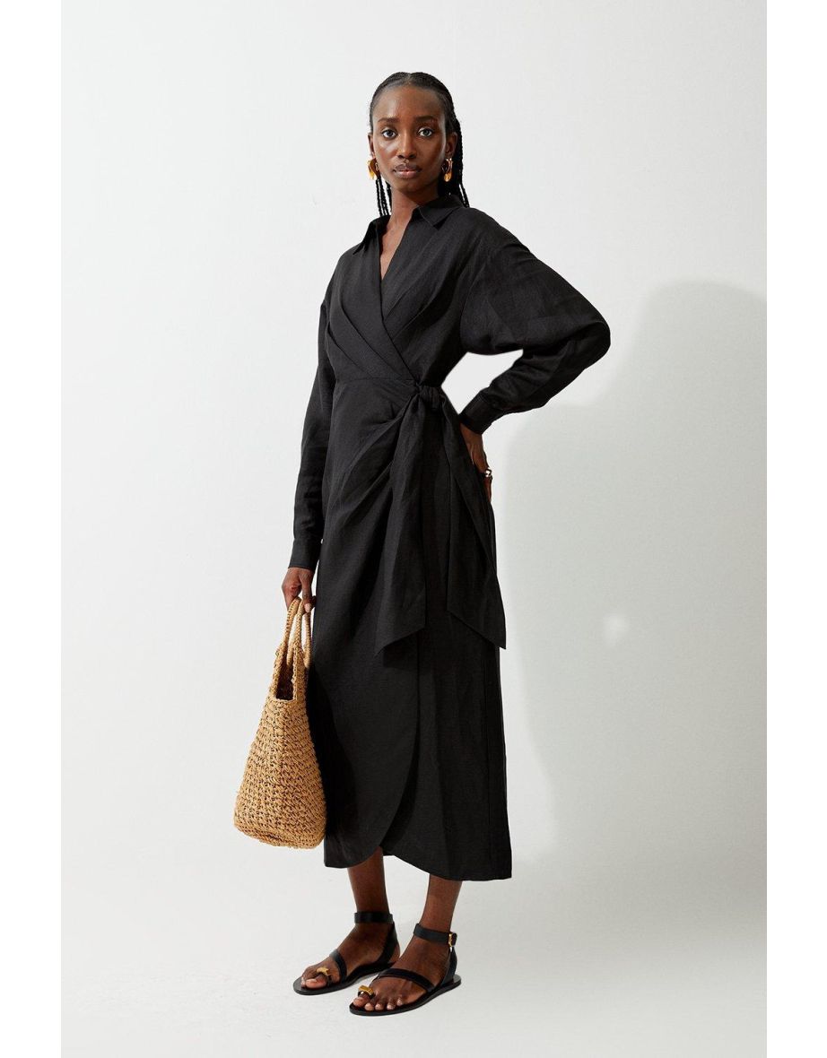 Viscose Linen Woven Tie Wrap Maxi Shirt Dress