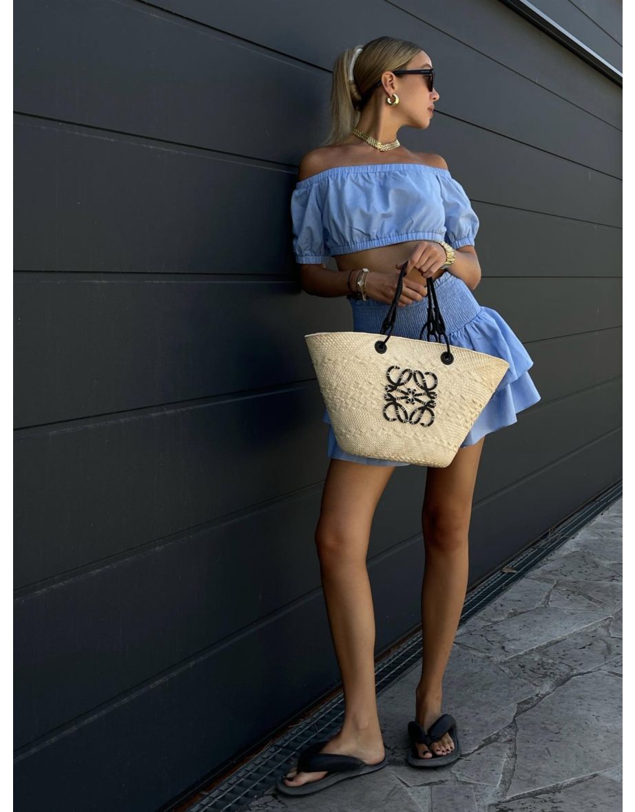 Bella Co-ord Gathered Bardot Crop-Top -Sky-Blue - 2