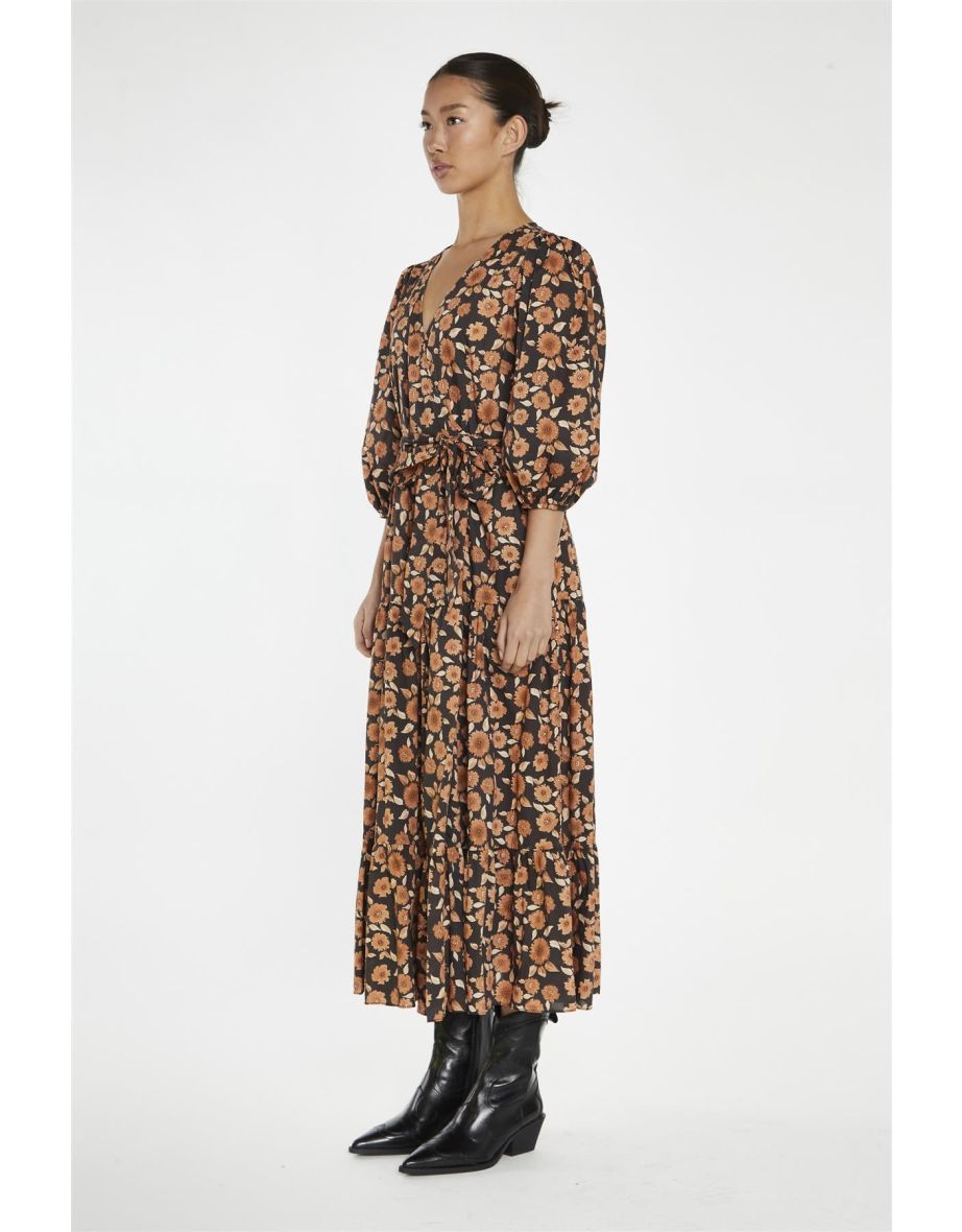 Burnt-Orange Daisy Wrap Midi-Dress - 3